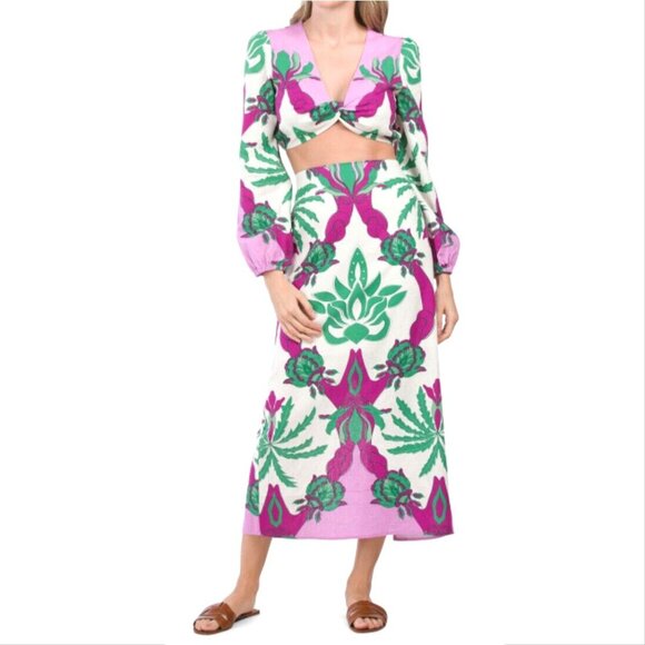 Caroline Constas Twist Front Crop Top & Midi Skirt SET L Linen Blend Floral NEW - Picture 3 of 14